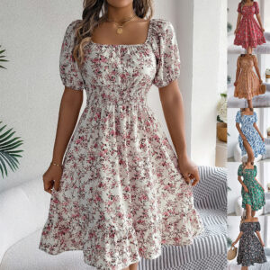 Floral Print Square Collar Summer Dress