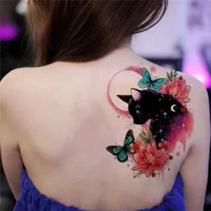 Black Cat and Butterflies Temporary Tattoo