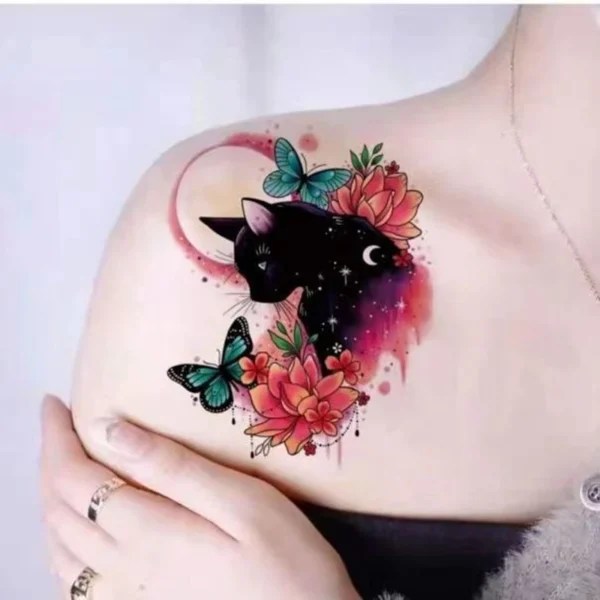 Black Cat and Butterflies Temporary Tattoo - Image 5