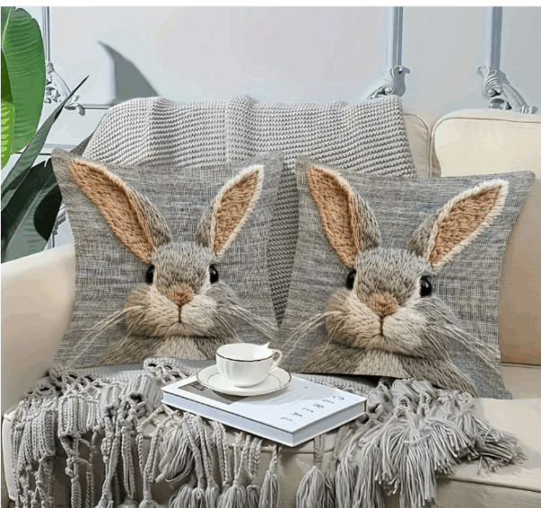 Faux Embroidered Bunny Cushion Cover