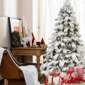 5FT 6FT 7FT 8FT Prelit Snowy Flocked Christmas Tree With LED Lights