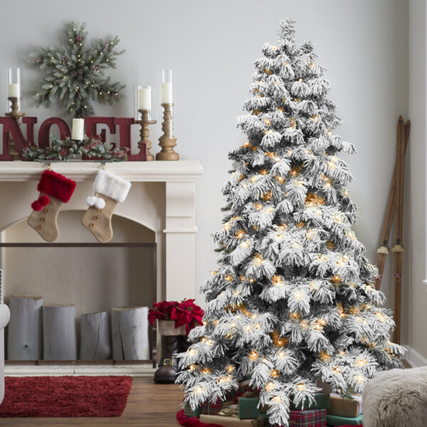 5FT 6FT 7FT 8FT Prelit Snowy Flocked Christmas Tree With LED Lights - Image 5