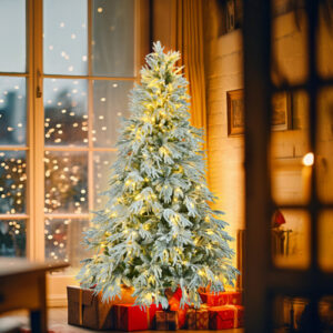 6FT Pre-Lit Spruce Snow Flocked Christmas Tree Tree - 300 Multi-Color LED Lights/ 8 Flashing Modes