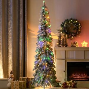 HOMCOM 6ft Snow-Flocked Prelit Pencil Christmas Tree - 250 Warm White Or Colorful LED Lights