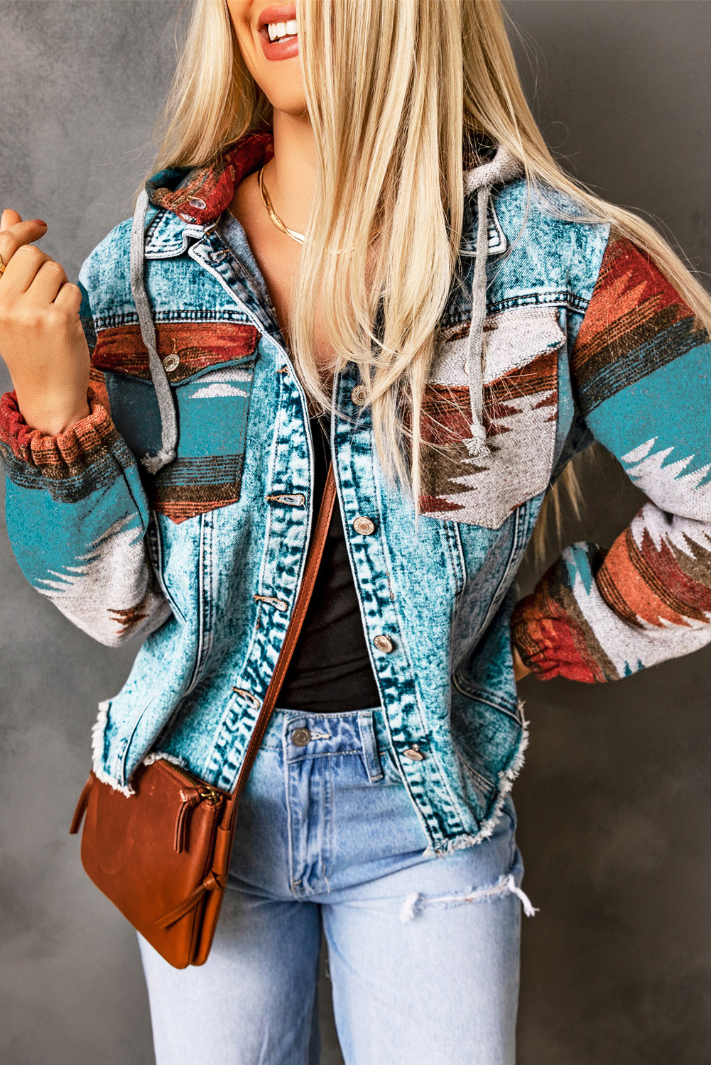 Multicolor Aztec Print Frayed Hem Denim Jacket - Image 4