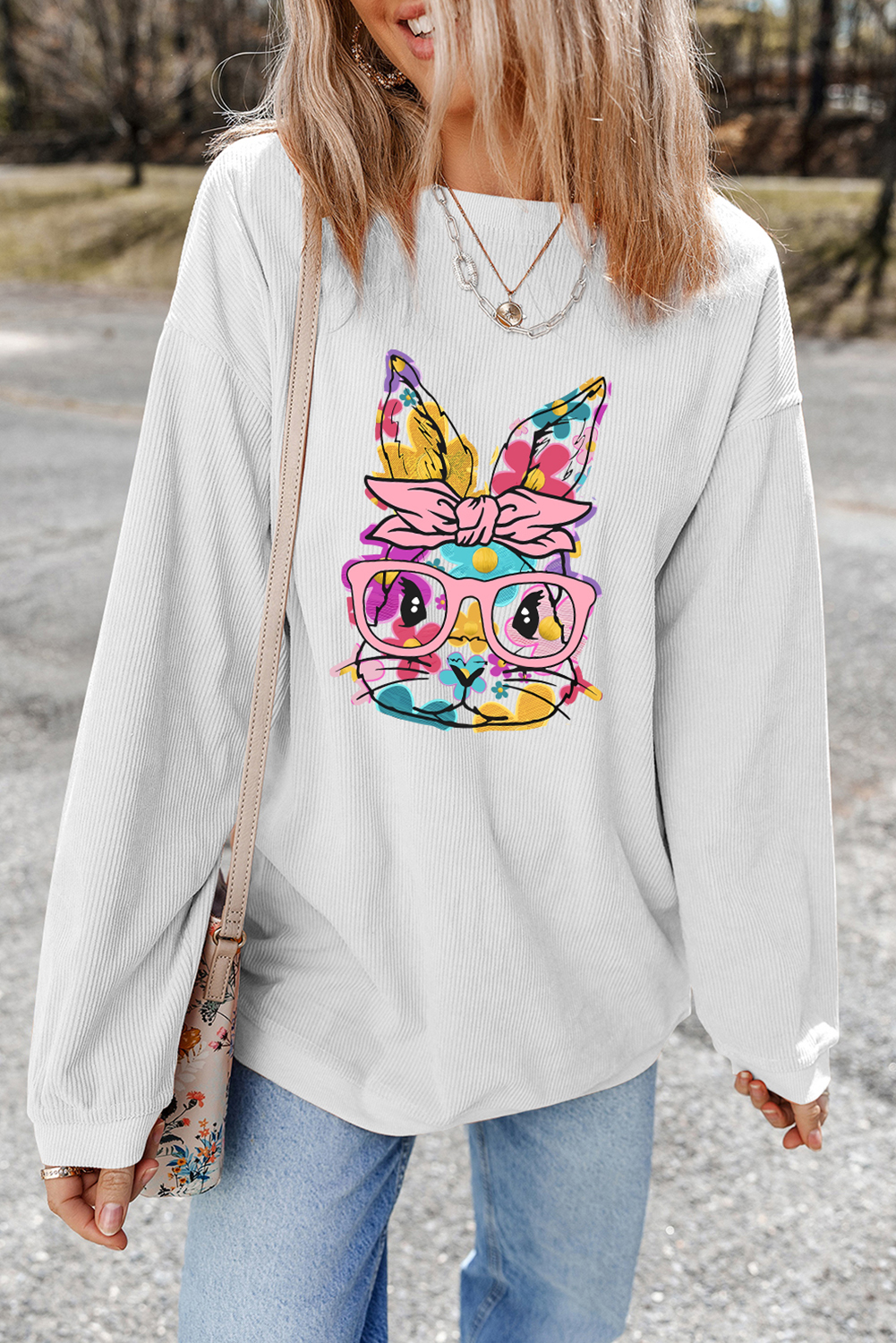 Rabbit with Glasses - Long Sleeved Ribbed Pullover Top - Image 7
