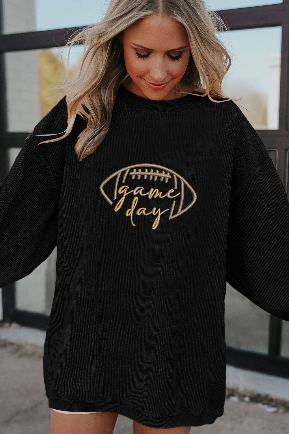Black Ribbed Game Day Pullover Top - Image 3