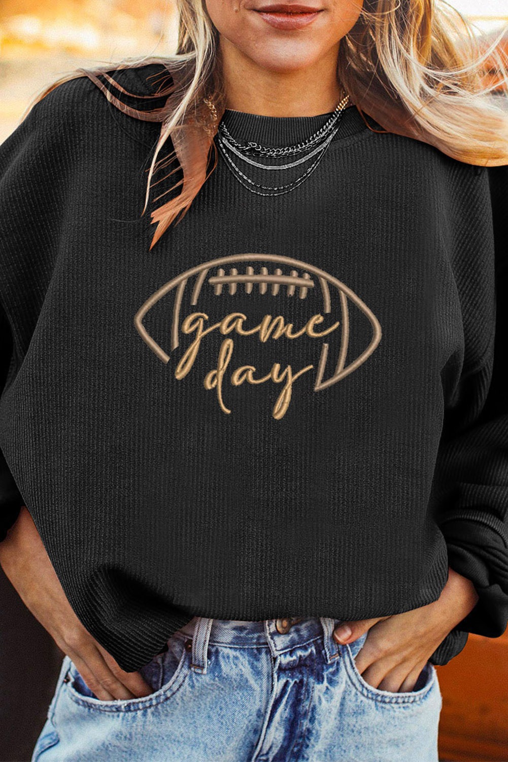 Black Ribbed Game Day Pullover Top