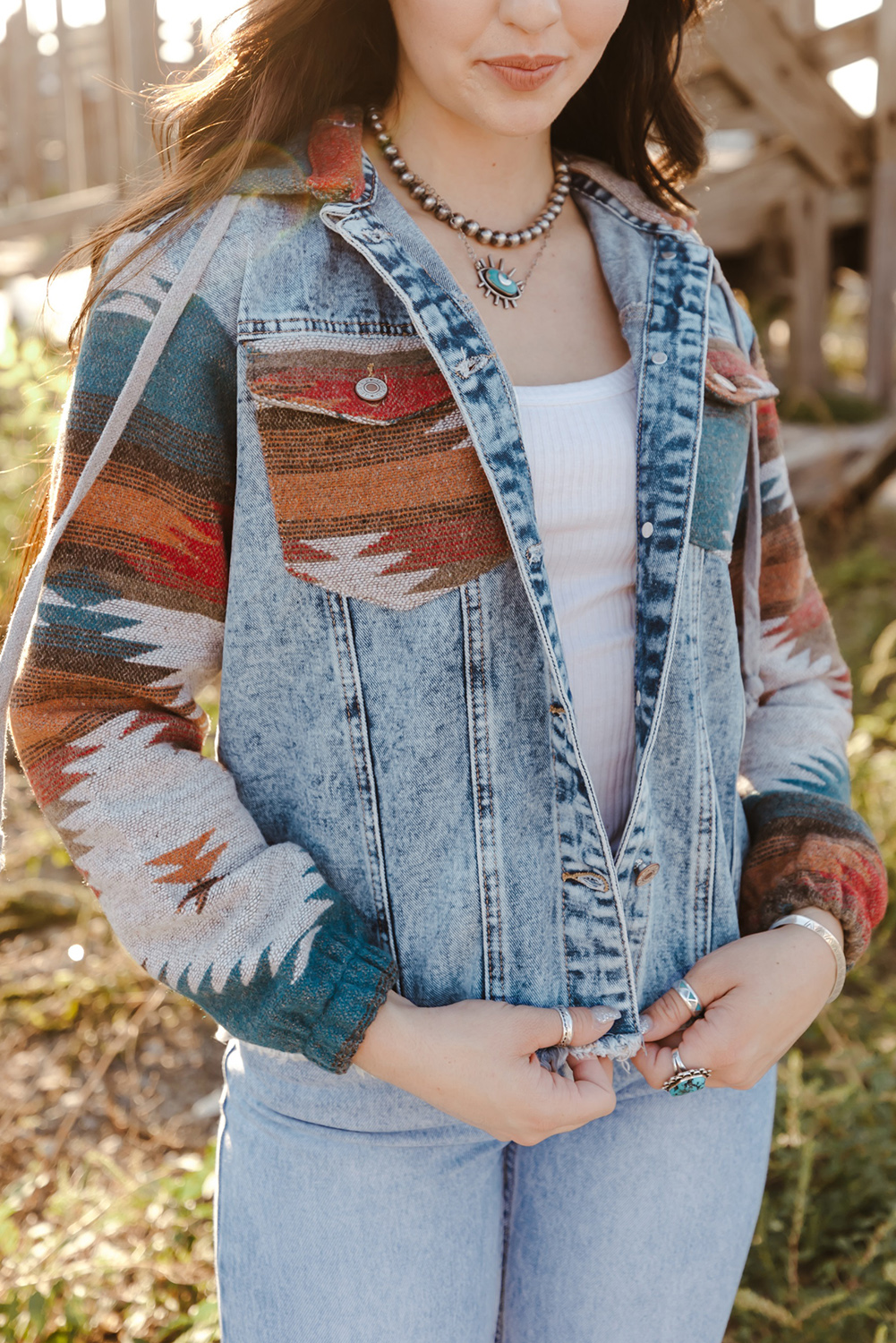 Multicolor Aztec Print Frayed Hem Denim Jacket - Image 8