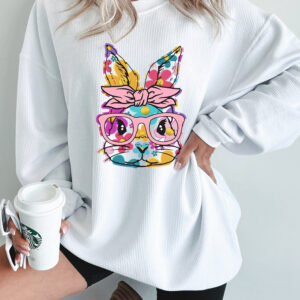 Rabbit with Glasses - Long Sleeved Ribbed Pullover Top