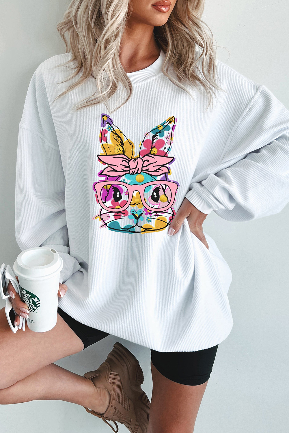 Rabbit with Glasses - Long Sleeved Ribbed Pullover Top