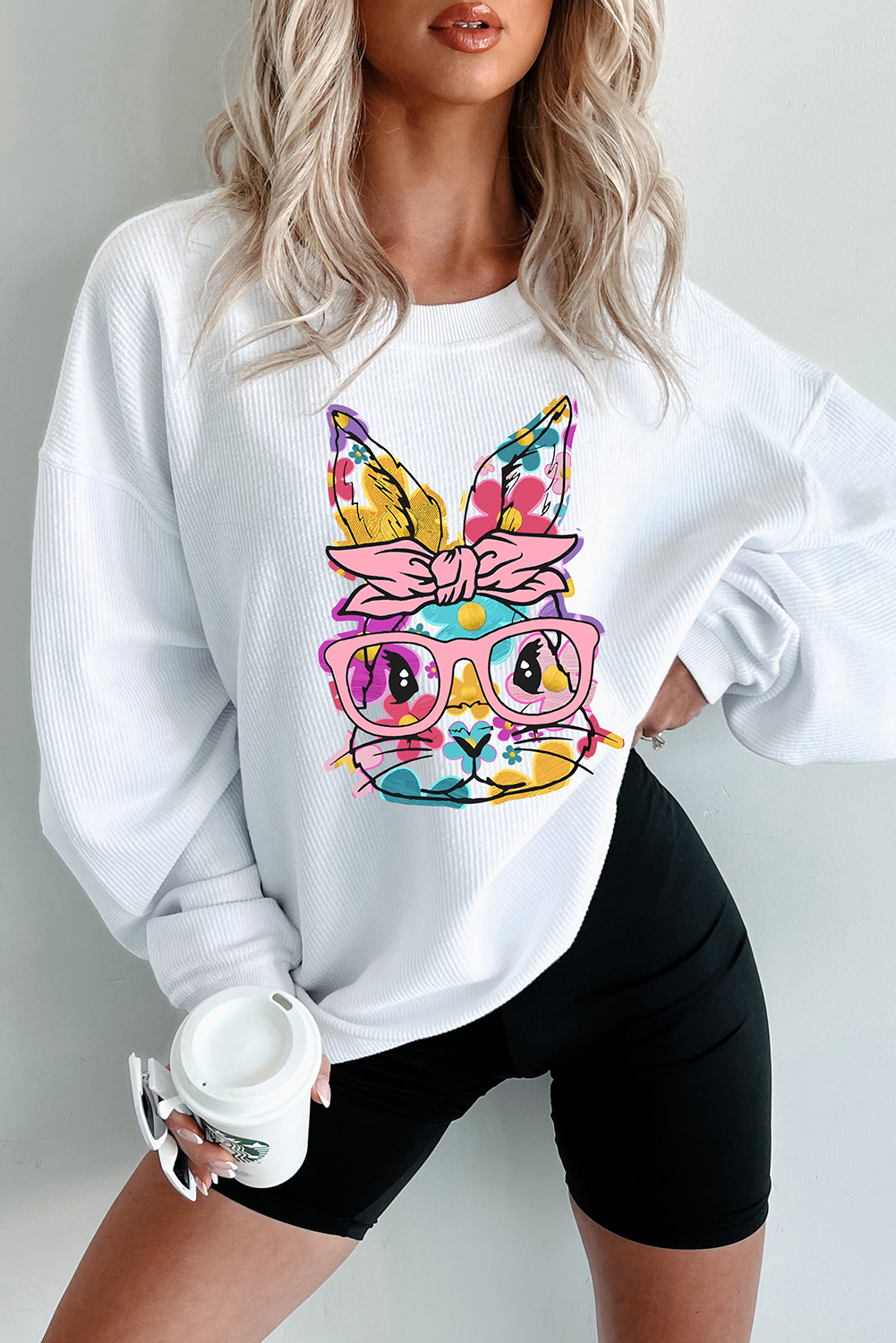 Rabbit with Glasses - Long Sleeved Ribbed Pullover Top - Image 4
