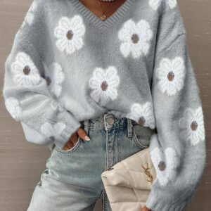 Cute Flower Print V Neck Baggy Sweater