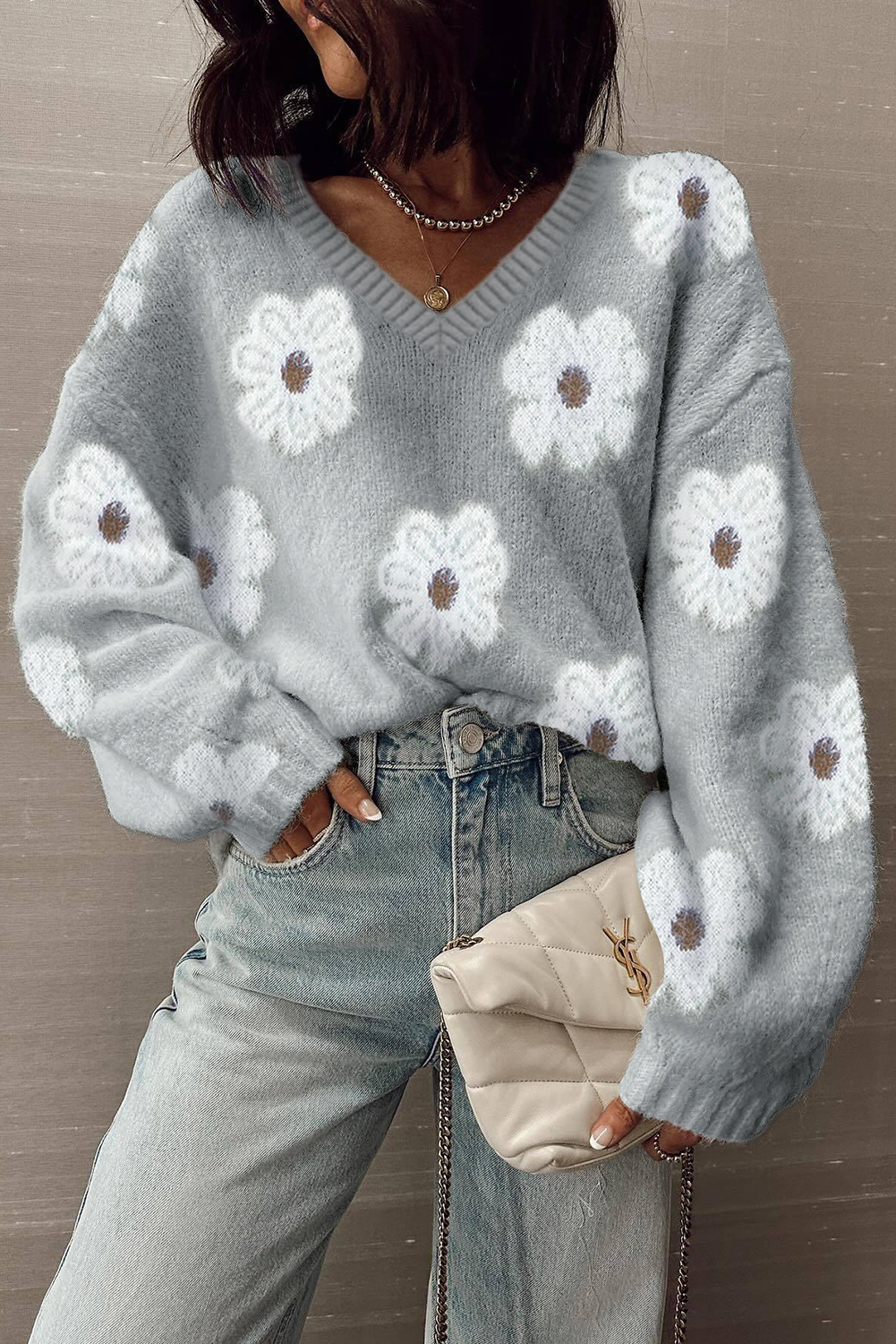 Cute Flower Print V Neck Baggy Sweater