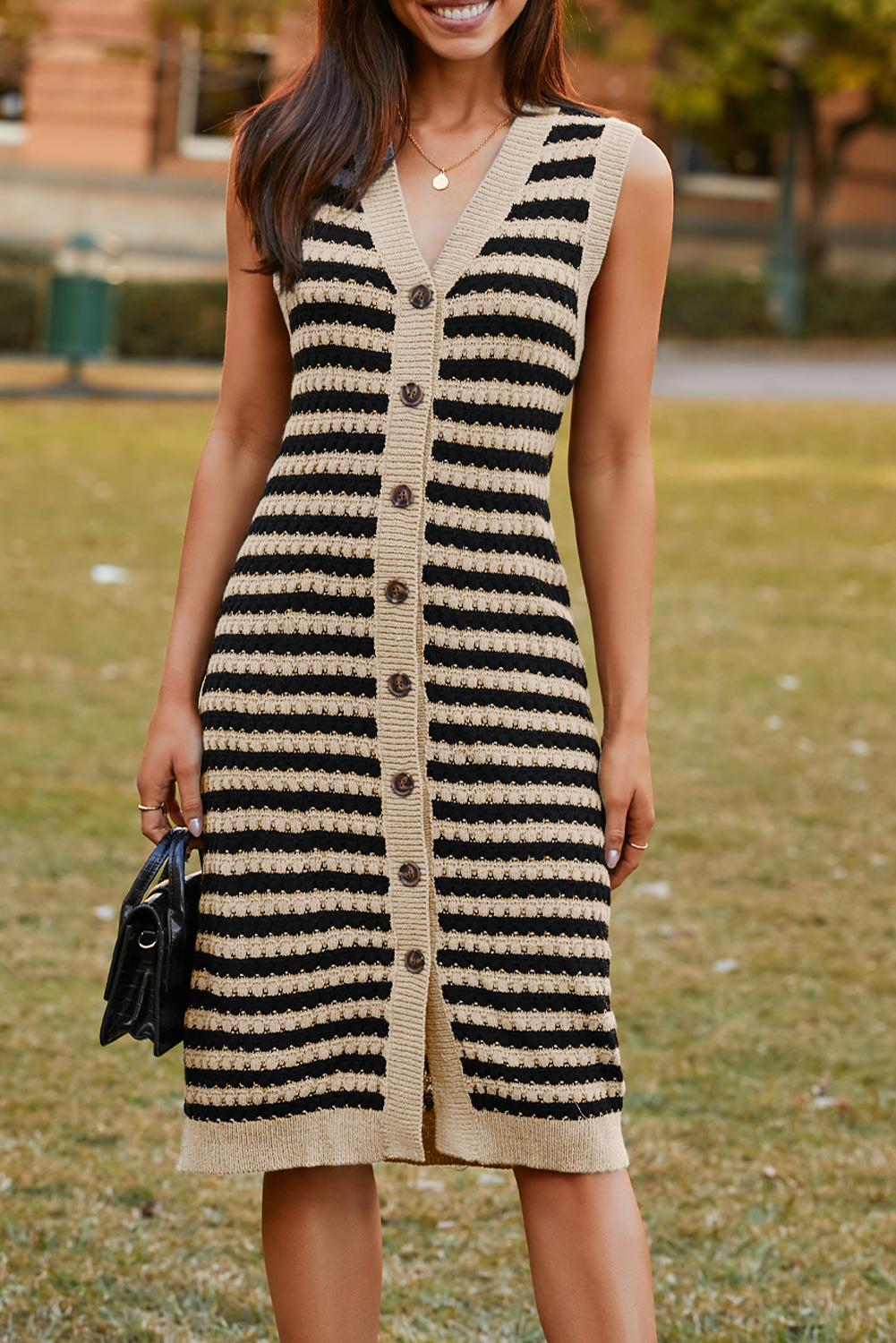 Buttoned Front Pencil Midi Sleeveless Sweater Dress