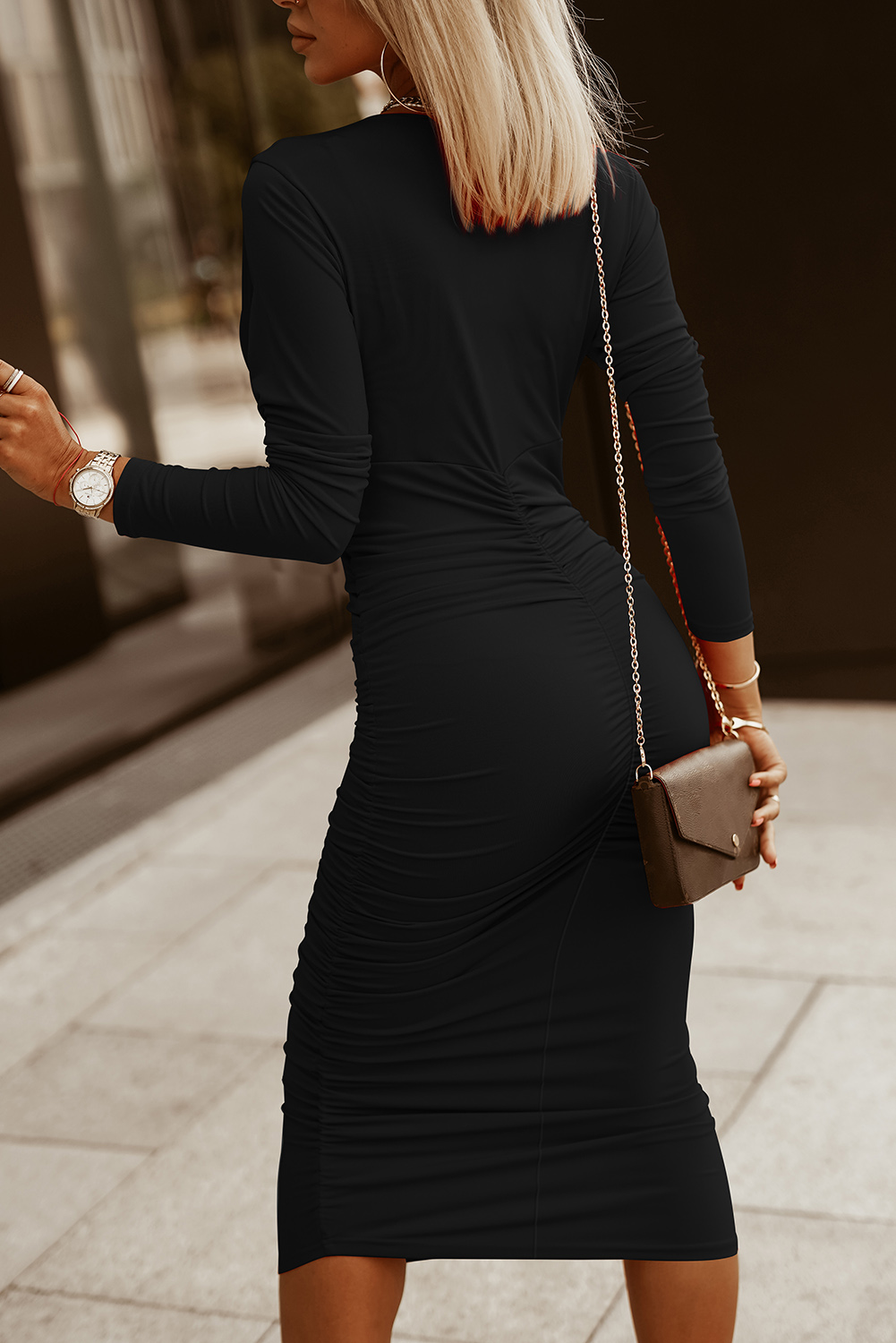 Black Long Sleeve V-Neck Dress - Image 2