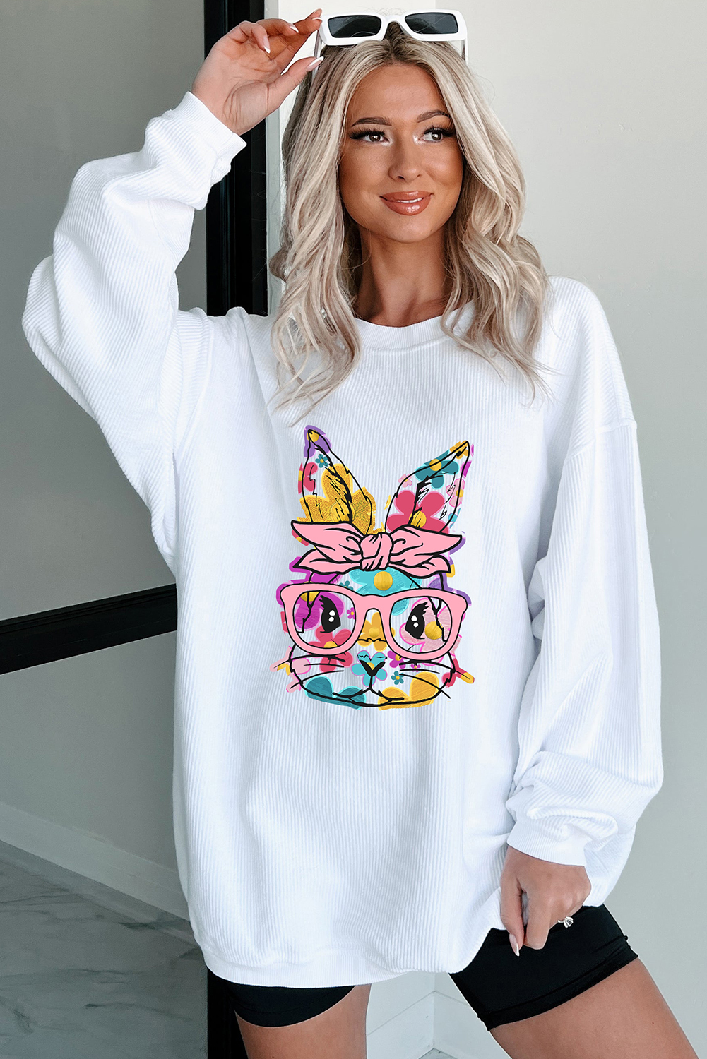 Rabbit with Glasses - Long Sleeved Ribbed Pullover Top - Image 2