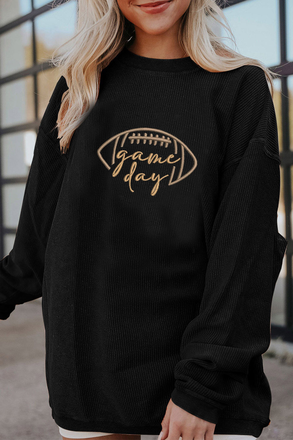 Black Ribbed Game Day Pullover Top - Image 2