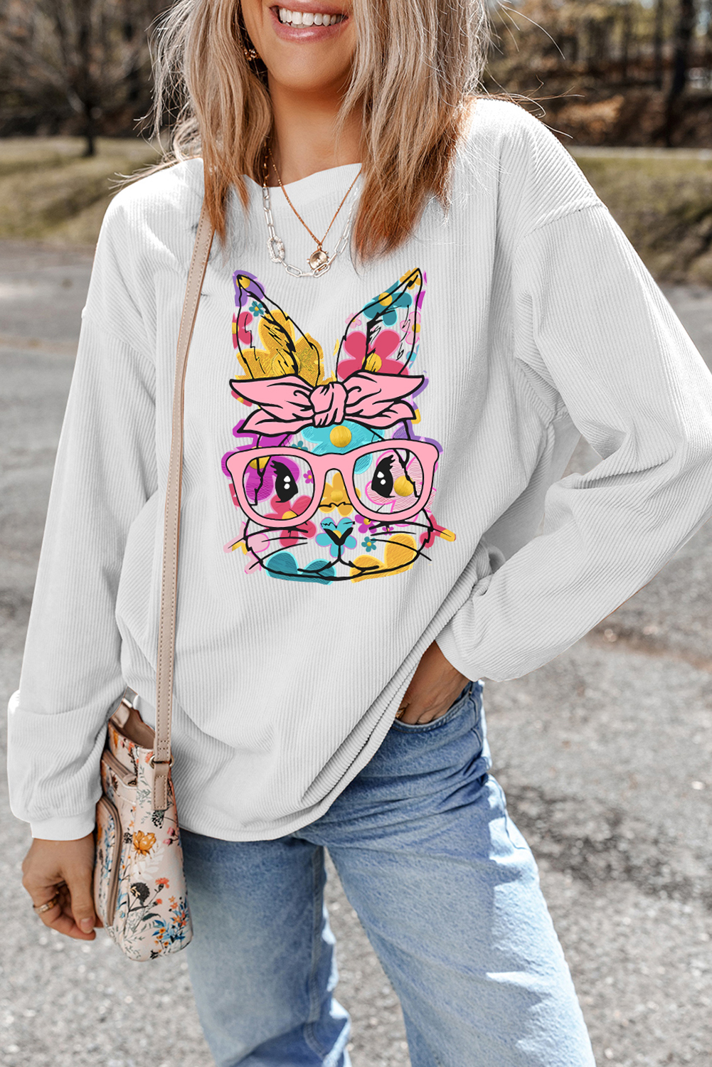 Rabbit with Glasses - Long Sleeved Ribbed Pullover Top - Image 5