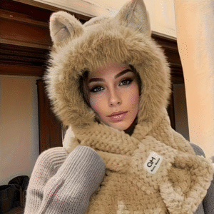 Cat Ears Faux Fur Trimmed Hat With Attached Neck Warmer