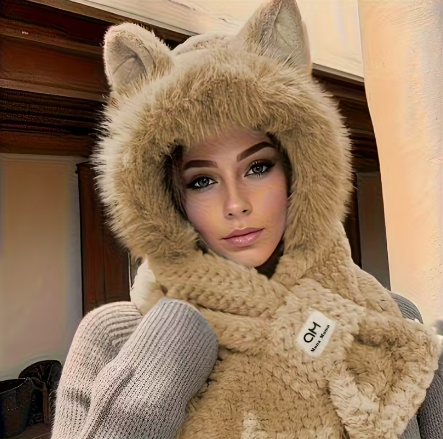 Cat Ears Faux Fur Trimmed Hat With Attached Neck Warmer