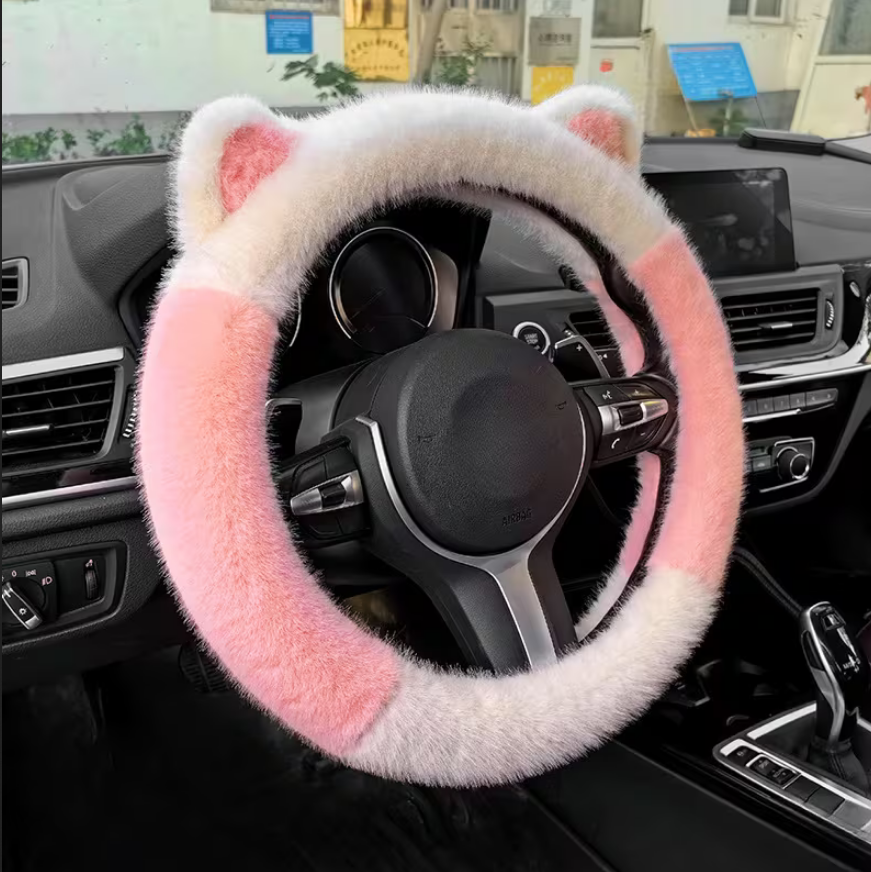 Plush Cat Ears Steering Wheel Cover - Pink/White