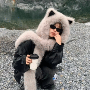 Faux Fur Cat Ear Hat With Integrated Scarf