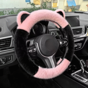 Plush Cat Ears Steering Wheel Cover - Pink/Black